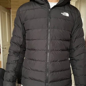 Svart pufferjacka från The North Face - Säljer en svart pufferjacka från The North Face med huva och dragkedja framtill. Jackan har ett stilrent, quiltat mönster och loggan i vitt på bröstet och ryggen. Perfekt för kalla dagar och har en modern, loose passform. Väldigt bra skick då den knappt är använd. Kan tänka mig gå ner i pris vid snabb affär 