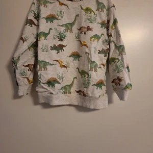 Dinosaurie-mönstrad sweatshirt från Minymo - Säljer en grå sweatshirt från Minymo med coolt dinosauriemönster i grönt, brunt och gult. Tröjan har rund hals, ribbade muddar och är långärmad. Materialet är mjuk bomull med lite polyester för extra komfort. Perfekt för dig som gillar unika prints!
