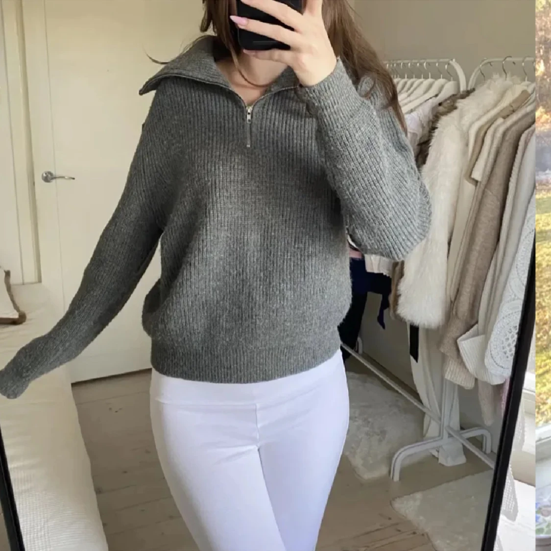 Grå stickad half zip tröja - 2