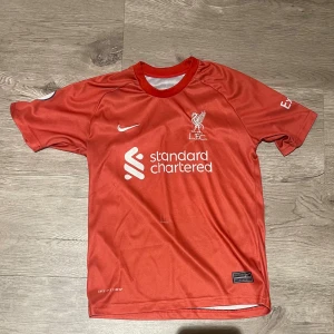 Liverpool Salah Nike matchtröja röd - Liverpool FC matchtröja i rött med tryck M. Salah #11 på ryggen. Nike-logga och klubbmärke broderat på bröstet, Standard Chartered sponsortryck och Premier League-märke på ärmen. Tillverkad i lätt och ventilerande polyester.
