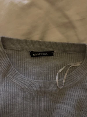Grå ribbad tröja från Gina Tricot - ❌Aldrig använd, endast provad!           grå ribbad tröja från Gina Tricot i storlek XS. Tröjan har lång ärm, rund hals och är tillverkad i mjuk viskosblandning med polyamid. Modellen är croppad och sitter tajt vid midjan, perfekt för en chill och stilren look.
