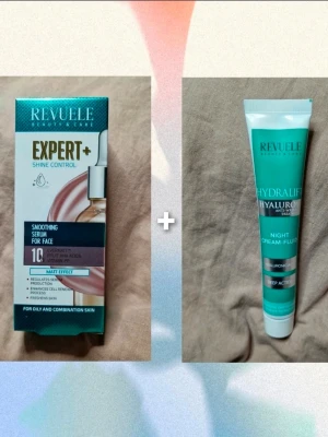 Revuele Ansiktsserum och Revuele Flytande nattkräm för ansiktet - Nya Oöppnade! - ° NY OÖPPNAD! Revuele Ansiktsserum:  Revuele Smoothing Serum Expert Matt Effect -Ålder: 18+ -Linje: Expert+ -Produktegenskaper: Mattande, Poråtdragning, Återfuktande -Volym: 30 ml -Arom: Doftfri  Den lätta formulan sprider sig lätt på huden och absorberas omedelbart och lämnar huden mjuk och återfuktad. Dess rika sammansättning ger en långvarig matt effekt och hjälper till att eliminera hudfel. AHA-fruktsyror hjälper till att exfoliera döda celler, rengöra talg och jämna ut huden. Minskar porern
