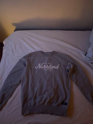 Grå sweatshirt från SQRTN Company XS - Säljer en grå sweatshirt från SQRTN Company i storlek XS. Tröjan har trycket 'The Great Norrland' framtill och är tillverkad i mjuk bomull. Klassisk rund halsringning och långa ärmar, perfekt för chill dagar.