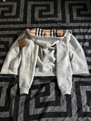 Grå hoodie från Burberry med dragkedja - Snygg grå hoodie från Burberry med dragkedja framtill och klassiskt rutigt foder i huvan. Hoodien har ribbade muddar, fickor på sidorna och justerbar dragsko i huvan. Perfekt för en avslappnad och trendig look. Materialet är mjukt och bekvämt bomullstyg.