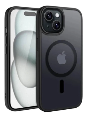 Svart MagSafe-skal till iPhone 15 - Snyggt svart mobilskal med MagSafe-kompatibilitet till iPhone 15. Skalet har en matt finish, genomskinlig baksida och svart ram. Helt ny och oöppnad. Felbeställt