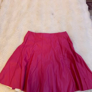 Rosa kortkjol i skinnimitation by Clara - Säljer en snygg rosa kortkjol från by Clara Paris. Kjolen har en utsvängd form med markerade sömmar och är gjord i skinnimitation som ger en cool vibe. Perfekt att styla med en enkel topp eller stickad tröja för en trendig look.