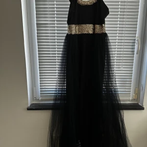 Svart långklänning med paljetter Sisters Point - Supersnygg svart långklänning från Sisters Point med guldiga paljettdetaljer i midjan och över axlarna. Klänningen har ett lager av tunn tyll som ger extra volym och en dragkedja i ryggen. Perfekt för dig som vill sticka ut med glitter och elegans.
