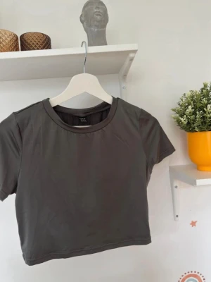 Mörkgrå croppad t-shirt - En stilren mörkgrå croppad t-shirt med rund halsringning och korta ärmar. Perfekt att matcha med jeans eller kjol för en avslappnad look. Materialet känns mjukt och lätt mot huden.