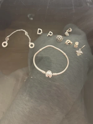 Silverfärgad Pandora armband med berlocker - Säljer ett snyggt Pandora armband i silverfärgad metall med hjärtformat lås. Medföljer flera berlocker, bland annat bokstäver, blommor, djur och en dekorativ kedja. Perfekt för dig som vill skapa en personlig look med unika detaljer. Armbandet säljs separat för 600kr o varje berlock 230kr st. köp allt för 2300 (300kr billigare) pris kan diskuteras 