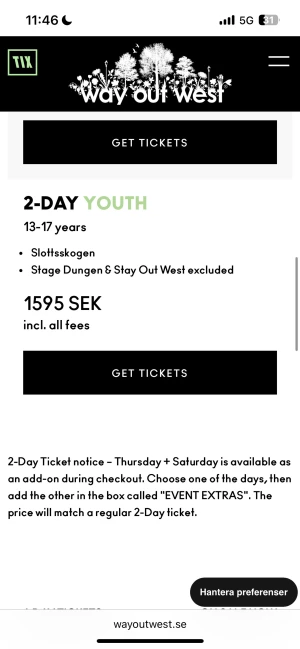 Way out west biljetter sökes  - Söker 2 st way out west ungdomsbiljetter antingen 3 dagars eller 2 dagars med fre-lör💕köper direkt om du har! 