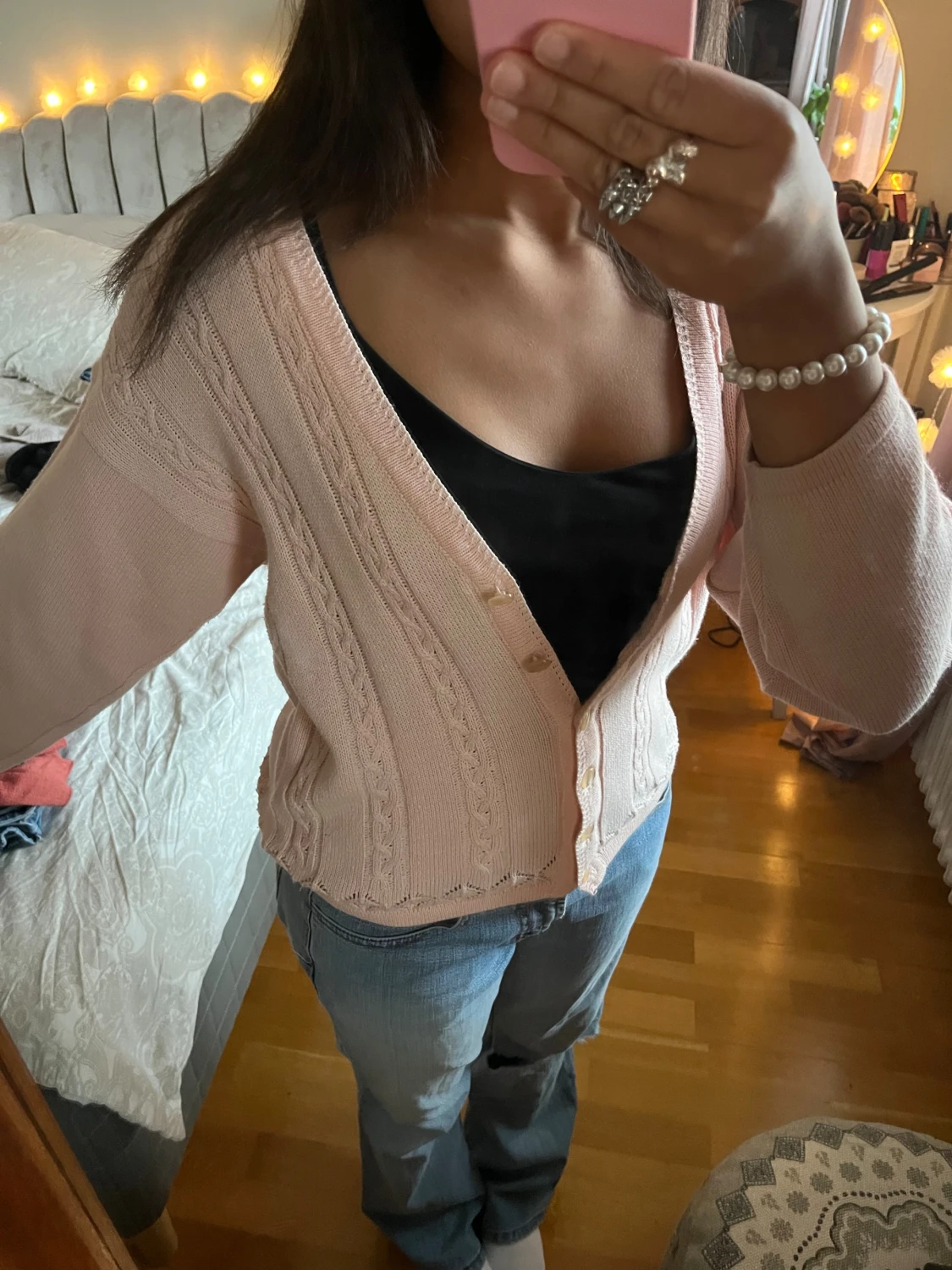 Ljusrosa stickad kofta med knappar - 2