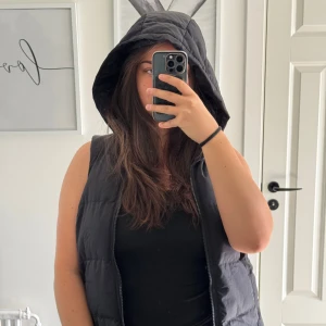 Svart dunväst med huva - Säljer en svart dunväst med huva och dragkedja framtill. Västen är quiltad och har en clean, enkel look som passar till många outfits. Perfekt för lager-på-lager och chillare dagar. Snygg och praktisk med fickor på sidorna.