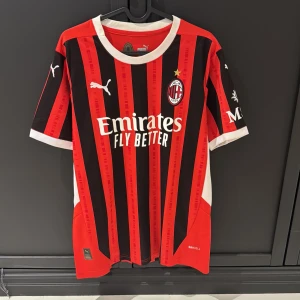 AC Milan Puma fotbollströja Leão 10 - AC Milan matchtröja från Puma med Rafa Leão och nummer 10 på ryggen. Klassisk röd och svart randig design med vita detaljer, klubbmärke och sponsortryck framtill. Tillverkad i lätt och ventilerande material, perfekt för fotbollsälskare.