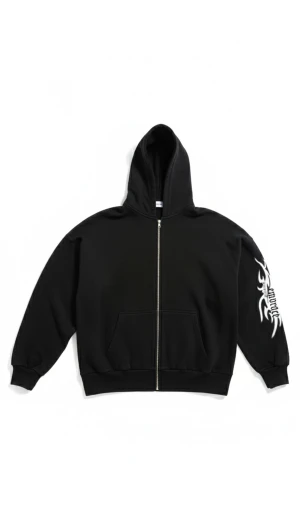 Streetwear från Zalando - Exclusive Design - Svart hoodie med dragkedja och huva, har ett vitt tribaltryck på ena ärmen. Stora fickor framtill och ribbade muddar vid ärmslut och nederkant. Perfekt för dig som gillar streetwear.
