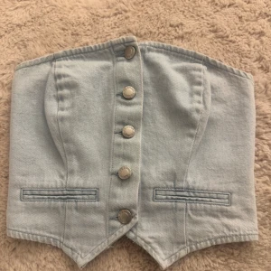 Ljusblå denim korsett/topp - Säljer en snygg ljusblå korsett/topp från FB Sister (new yorker) i denim med markerad midja och fem silvriga knappar framtill. Toppen har två fejkade fickor och smockad rygg för extra komfort. Aldrig använd - ny skick 