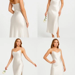 Champagnefärgad långklänning  - Säljer en elegant långklänning i champagnefärgad satin liknande material. Med smala axelband och mjukt draperad v-ringning. Klänningen har slits på sidorna och en stilren, figurnära passform som ger en lyxig känsla. Perfekt för dig som vill ha en enkel men snygg look.