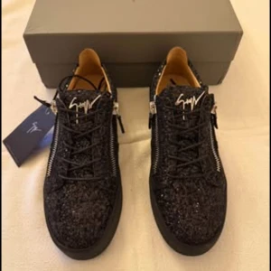 Svarta glittriga sneakers från Giuseppe Zanotti - Säljer ett par svarta sneakers från Giuseppe Zanotti med glittrig yta, silverfärgade dragkedjor på sidorna och snörning framtill. Skorna har rund tå, platt sula och lyxig känsla med signaturdetalj på plösen. Perfekta för dig som vill sticka ut med din stil.