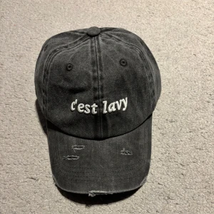 Grå keps onesize - Skitsnygg helt ny keps i tvättad bomull med vit broderad text 'c'est lavy' framtill. Kepsen har en böjd skärm med slitna detaljer och justerbar rem