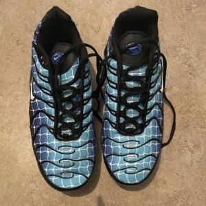 Nike Air Max Plus blå sneakers - Nike Air Max Plus sneakers med unikt blått och vitt randigt mönster som påminner om nät. Skorna har svarta detaljer, synlig Air Max-dämpning i sulan och svart snörning. Snyggt sportig design med platt sula och rund tå, perfekt för dig som gillar att sticka ut.