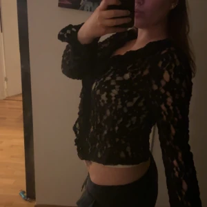 Svart spetsblus från Aware - Säljer en svart långärmad blus från Aware i transparent spets med volangdetaljer framtill. Blusen har en feminin v-ringning och är figurnära i modellen. Perfekt för dig som vill ha en edgy och snygg look.