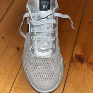 Silvriga sneakers från Callaghan - Säljer ett par snygga silvriga sneakers från Callaghan med meshad ovandel och metallic-detaljer. Skorna har snörning, platt sula och rund tå. Insidan är vadderad för extra komfort och yttermaterialet är en mix av syntet och skinn. Perfekt för dig som gillar stilrena och moderna sneakers.