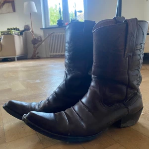 Bruna cowboy boots med spetsig tå - Säljer ett par klassiska bruna cowboy boots i skinn med snygga dekorativa sömmar längs skaftet. Bootsens spetsiga tå och robusta klack ger en cool western-vibe. Perfekt för dig som gillar statement-skor med attityd.