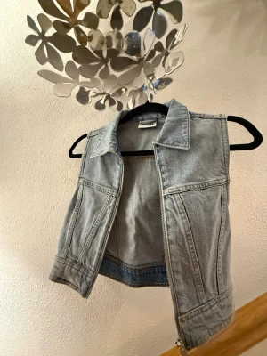 Ljusblå jeansväst från Weekday - Säljer en ljusblå jeansväst från Weekday i klassisk denim med krage och silverfärgad dragkedja framtill. Västen har snygga sömmar och en cool, lite loose passform. Perfekt att slänga över en hoodie eller t-shirt för en chill look.