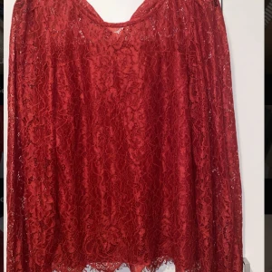 Röd blus i spets - Röd blus med vacker blommig spets och lätt v-ringning. Blusen har långa ärmar och ett elegant fall. Perfekt för dig som vill sticka ut på julen. Materialet är mjukt och följsamt med fina spetsdetaljer över hela blusen. Dessutom är armarna transparanta.