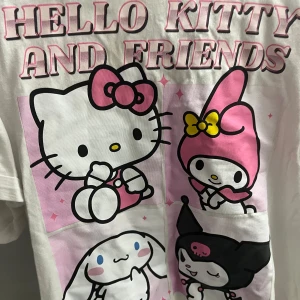 Hello Kitty and Friends t-shirt - Vit t-shirt med stort tryck av Hello Kitty och hennes vänner på framsidan. Motivet har rosa, svart, gult och blått i detaljerna. Klassisk passform med korta ärmar och rund hals.