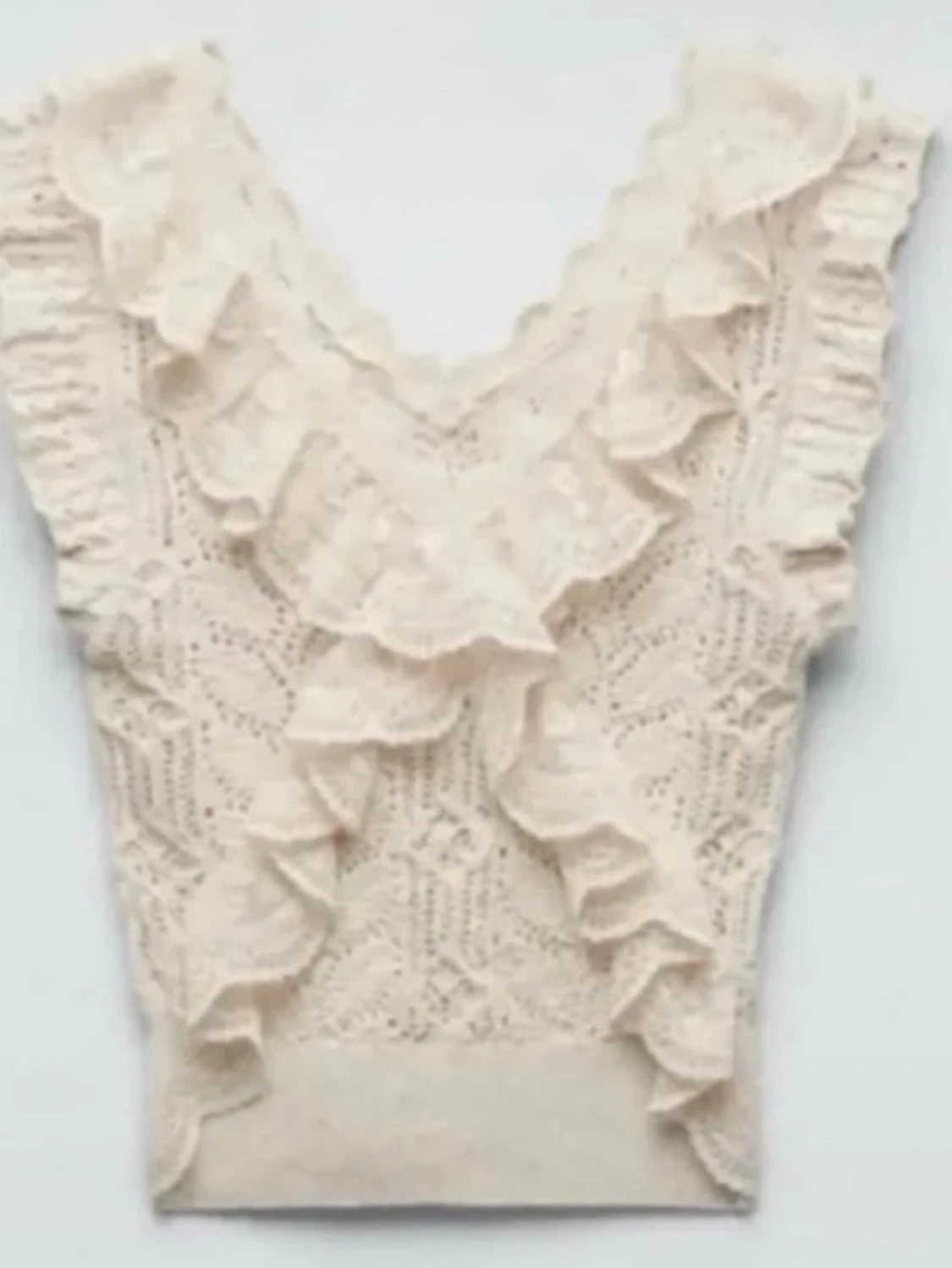 Beige stickad topp med spetsvolang - 3