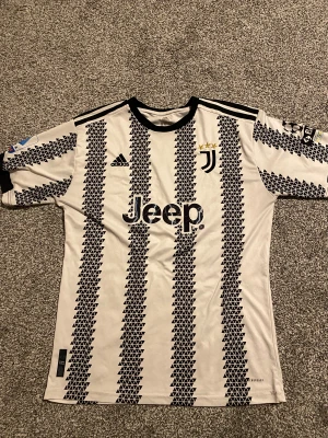 Juventus Vlahović #7 matchtröja  - Juventus fotbollströja med Vlahović #7 på ryggen, tillverkad i lätt Climalite-material. Vit med svarta geometriska ränder, svart krage och detaljer, samt guldstjärnor på klubbmärket. Jeep och Cygames som sponsortryck. Perfekt för dig som älskar Serie A. Tröjan är tajt men passar för XL och L