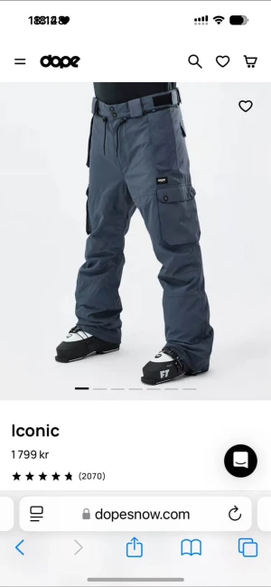 Skidbyxor från Dope Iconic st:XS - Säljer ett par skidbyxor från Dope Iconic med loose passform och praktiska cargofickor på benen. Byxorna har justerbar midja med snörning och bälte, perfekt för skidåkning eller snowboarding. Materialet är slitstark syntet som står emot väta och kyla.