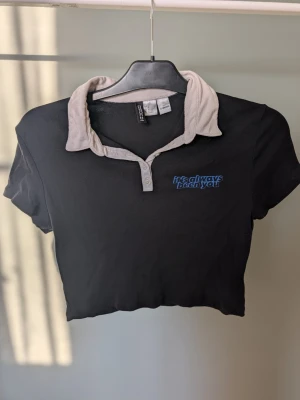 Svart croppad pikétopp - Säljer en svart croppad pikétopp från H&M Divided x Sex Education med beige krage och knappslå. Trycket 'it's always been you' i blått på bröstet. Toppen är i 100% bomull och har korta ärmar. Perfekt för dig som gillar statement-plagg med retrovibe.