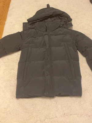 Svart pufferjacka från Canada Goose - Svart pufferjacka från Canada Goose med huva, knappar och dragkedja framtill. Jackan har ett klassiskt märke på ärmen och är tillverkad i slitstark polyester. Perfekt för kalla vinterdagar och har en snygg, enkel design.