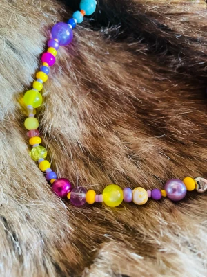 By prisförslag- hund/katt halsband Small tema lila, gul och gröna pärlor  - Passar liten hund eller katt. Alla halsband är unika detta går i färgtema lila, gul och gröna pärlor. Storlek Small. Finns i de andra storlekarna också. 