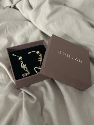 Guldiga örhängen med hjärta från Edblad - Säljer ett par unika guldiga örhängen från Edblad. Ena örhänget har en gnistrande blomma och kedjor, det andra har ett hjärta med strass och spiralformad detalj. Perfekta för dig som vill sticka ut med snygga accessoarer.
