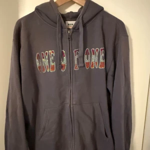 Grå hoodie One of One med strassdetaljer - Säljer en grå hoodie från One of One. Framsidan har texten 'ONE OF ONE' i färgglada strasstenar och på luvan finns en fjäril i rosa och orange strass. Mjuk insida och känguruficka framtill. 