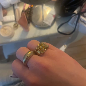 Två trendiga Edblad ringar  - Säljer båda dessa ringar då det ej är min stil längre. Den med nitar har använts en del men den rundade ringen har använts ca 2 ggr. Den guldiga med bitar e i stl 19,5 och rundade 18,5