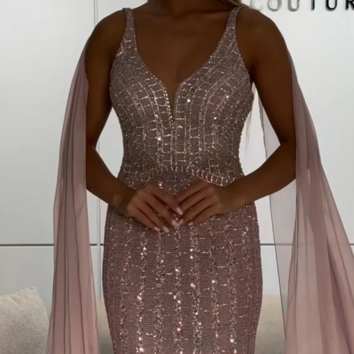 Glittrig ljus rosa champagnefärgad långklänning - 2