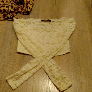 Vit spetsblus från BikBok offshoulder - Säljer en vit offshoulder spetsblus från BikBok i storlek XS. Blusen har långa ärmar och är helt täckt av blommig spets med transparenta partier. Perfekt för dig som gillar romantisk och feminin stil.