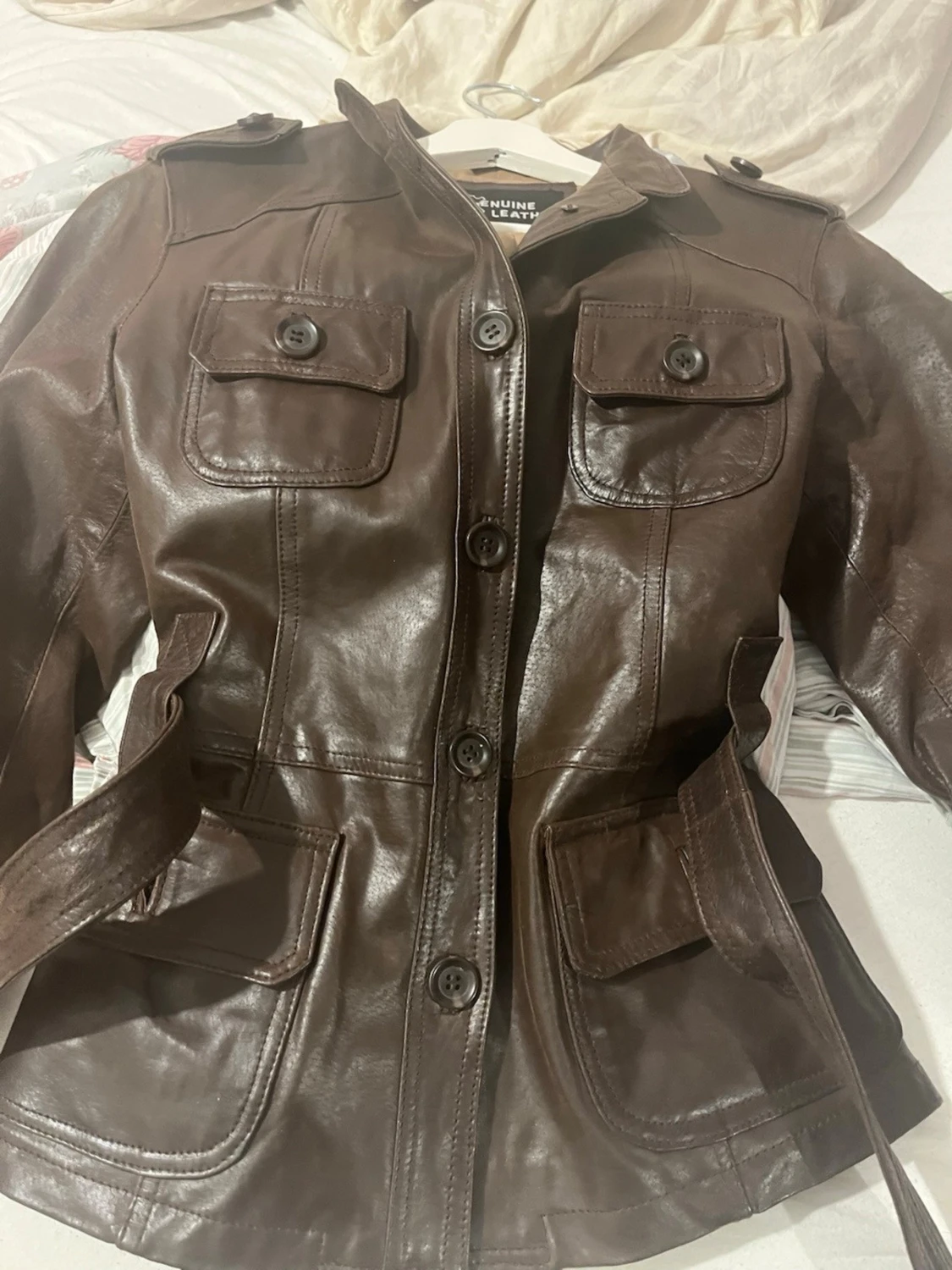 Brun skinnjacka med bälte - 2