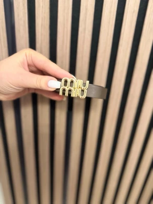 Grå skinnväst från Miu Miu - Säljer en stilren grå väst från Miu Miu med exklusiva guldfärgade detaljer framtill. Västen är gjord i mjukt skinn och har en modern, minimalistisk look som lyfter vilken outfit som helst.