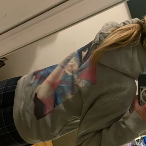 Grå hoodie The Cool Elephant med tryck - Säljer en grå hoodie från The Cool Elephant med stor färgglad grafisk print på ryggen. Tröjan har huva, magficka och en liten svart logotyp på bröstet. Perfekt för dig som gillar streetstyle och vill sticka ut lite extra. 