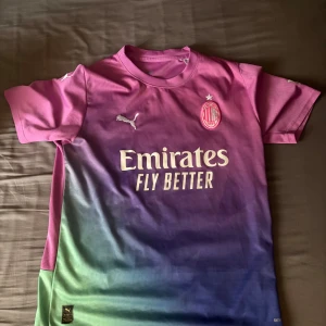 AC Milan fotbollströja - AC Milan fotbollströja från Puma med cool färgskiftning i rosa, blått och grönt. Tröjan har korta ärmar, rund hals och ventilerande meshmaterial. Tryckta loggor från Emirates och Wefox samt broderat klubbmärke och Puma-logga. Perfekt för dig som gillar unik design och fotboll.