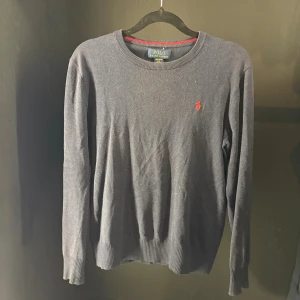 Mörkblå tröja från Polo Ralph Lauren - Mörkblå tröja från Polo Ralph Lauren med klassisk rund halsringning och röd broderad logga på bröstet. Tröjan är långärmad och har ribbade muddar vid ärmslut och nederkant. Perfekt för en stilren och enkel look.