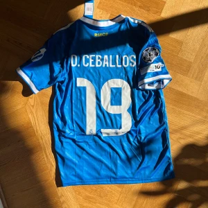 Real Madrid Ceballos blå matchtröja - Säljer en blå Real Madrid fotbollströja med D. Ceballos och nummer 19 på ryggen. Tröjan har vita detaljer, klubbmärke och Adidas-logga på bröstet samt Champions League-märke på ärmen. Tillverkad i lätt och ventilerande material.