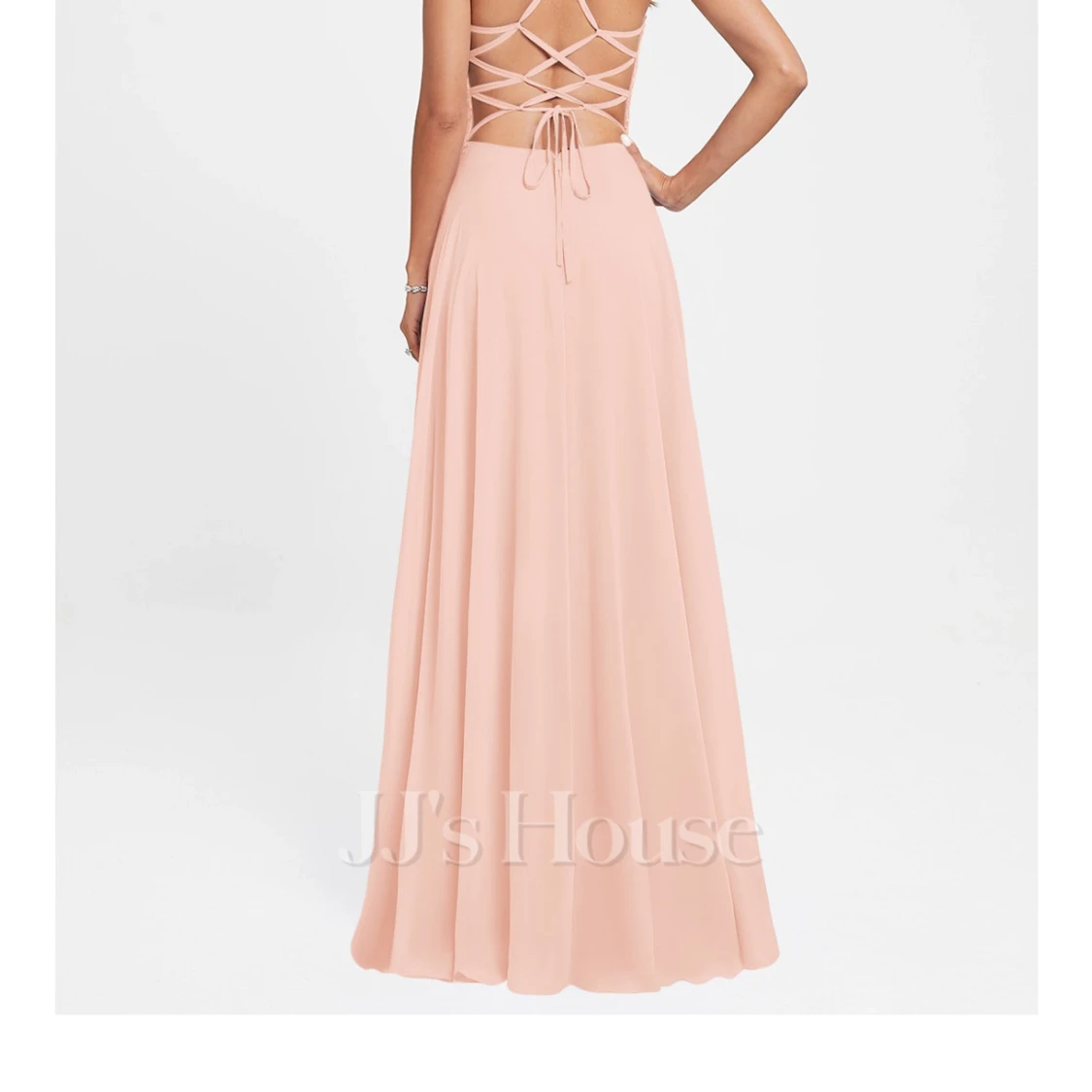 Ljusrosa långklänning med spetsdetaljer - 1