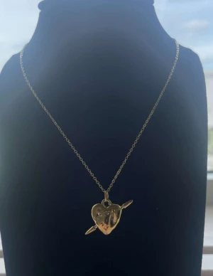 Guldigt halsband med hjärthänge - Snyggt halsband i guldton med ett hjärtformat hänge som har en pil genom sig. Kedjan är tunn och klassisk, medan hänget har en cool, lite organisk form. Perfekt för dig som gillar statement-smycken med romantisk vibe.