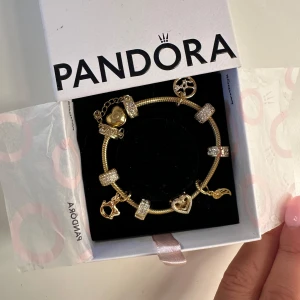 Guldigt charmarmband från Pandora - Superfint guldigt armband från Pandora med flera glittriga berlocker Armbandet har detaljer i gnistrande stenar och är perfekt för dig som gillar att mixa och matcha smycken. Kommer i originalask. Allt på sista bilderna medföljer pris 3000kr men kan diskuteras vid snabb o smidig affär. Ny pris ca 5700kr