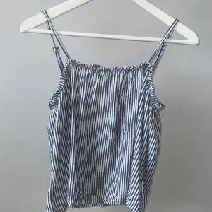 Randig linnetopp från Hampton Republic - Säljer en blåvit randig linnetopp från Hampton Republic med smala axelband och söt volangkant upptill. Toppen har knytning bak och är tillverkad i ett lätt och luftigt bomullsmaterial. Perfekt för varma dagar och enkel att styla med jeans eller shorts.Bra skick❤️